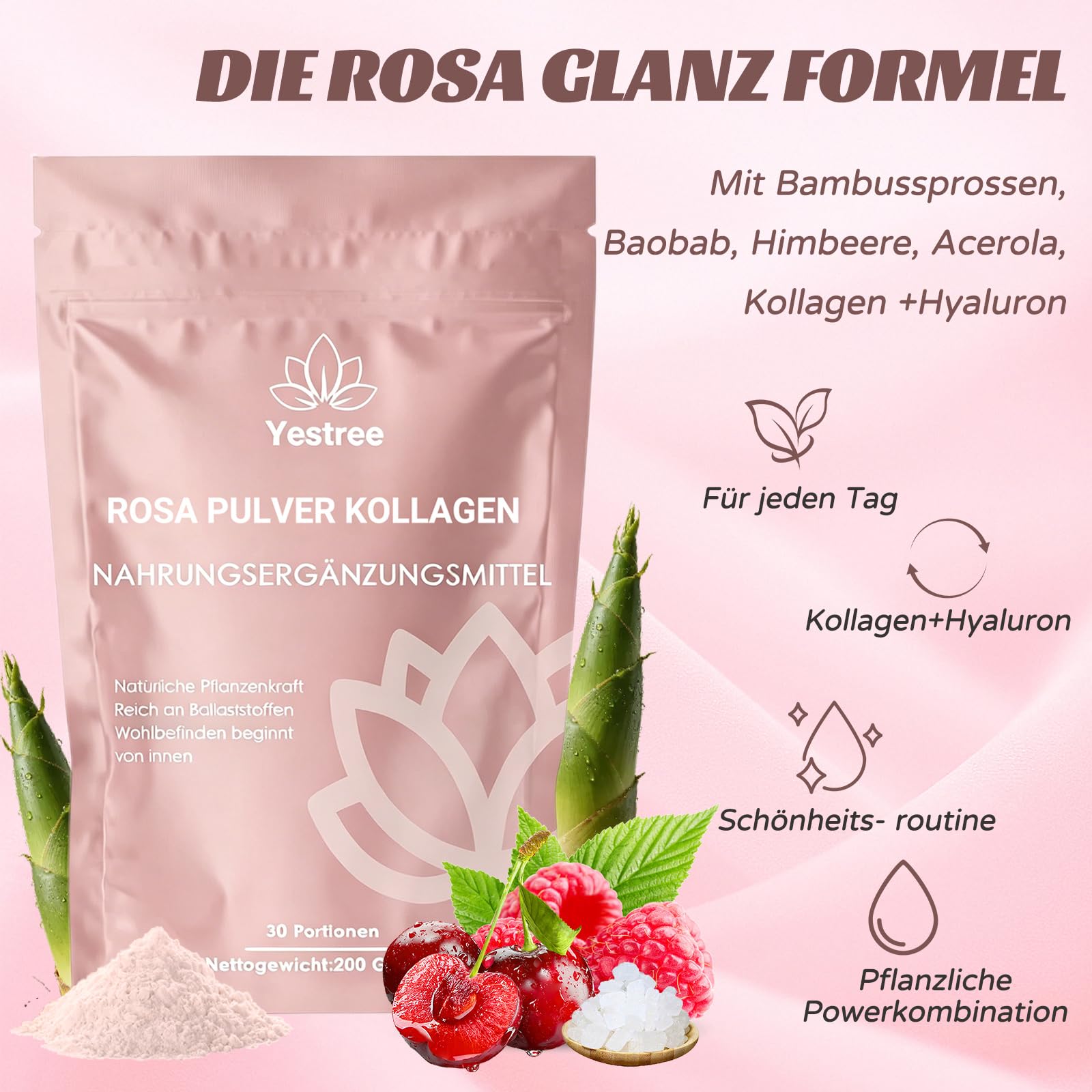 VITAFANT GREEN HELFERS 2Pack Rosa Pulver Kollagen, Natürliche Pulverformel, veganes Pflanzenpulver Mit Bambussprossen, Baobab, Himbeere, Acerola, Kollagen+Hyaluron 200g