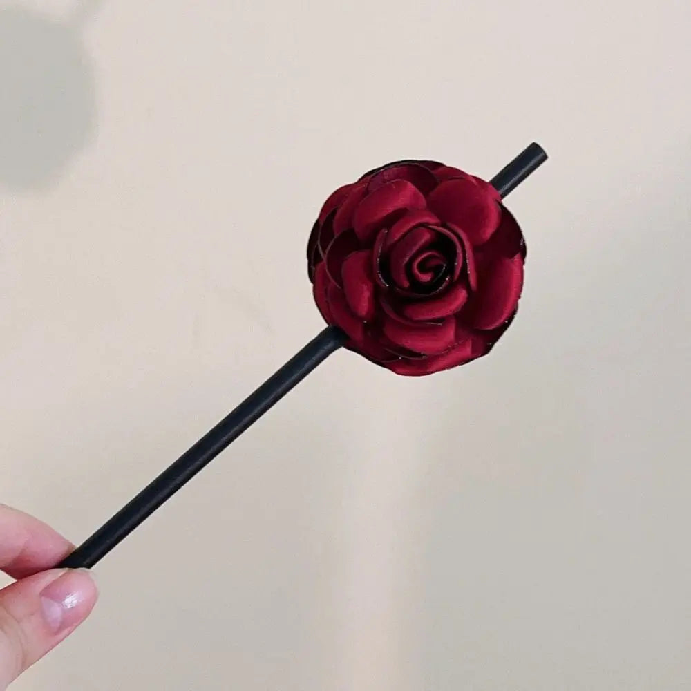 Simulated Flowers Wooden Hair Stick Wine Red Hair Sticks for Buns Hanfu Hairpin Headwear Hair Chopstick Rose Flower Hair Clip