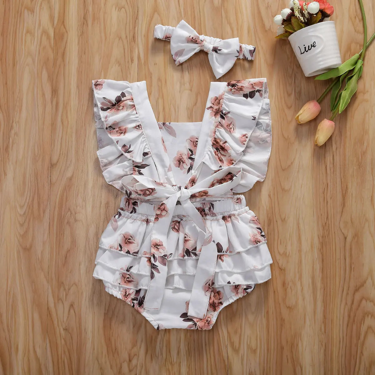 2020 Baby Summer Clothing Infant Newborn Baby Girl Floral Romper Sleeveless Ruffled Jumpsuits With Headband