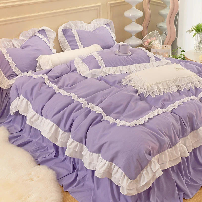 Korean Ins Bedding Set, Luxury Quilt Cover, Pillowcase Flat Bed Sheets, Simple Girl Princess Ruffle Home Textiles