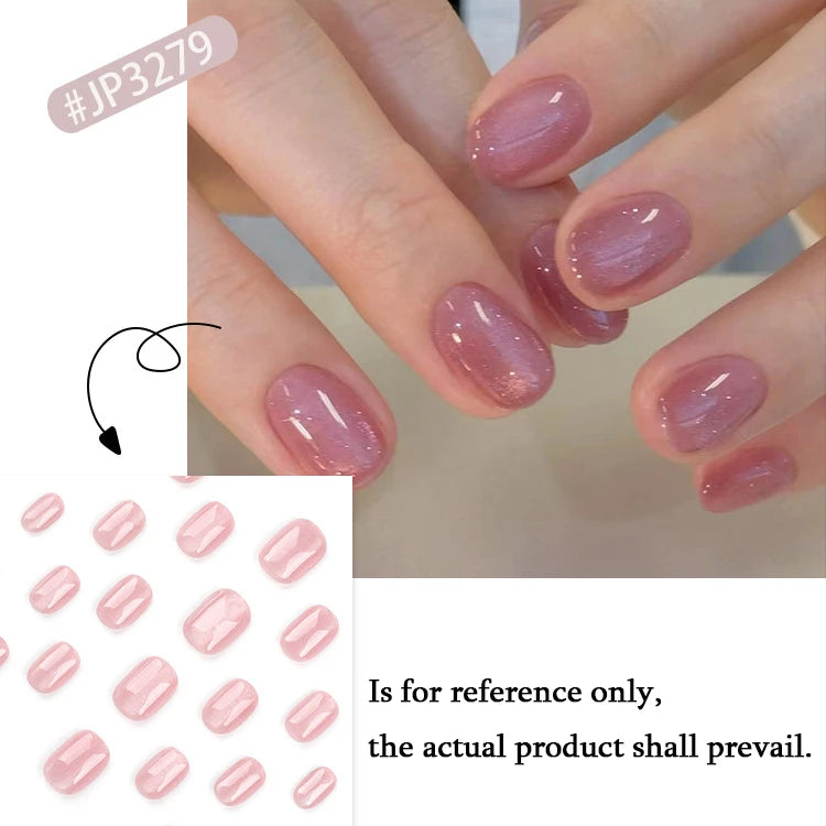 Nude Pink Glitter Cat Eye Nail Art Wearable Solid Color Fake Nails Detachable Finished False Nails Press on Nails with Glue