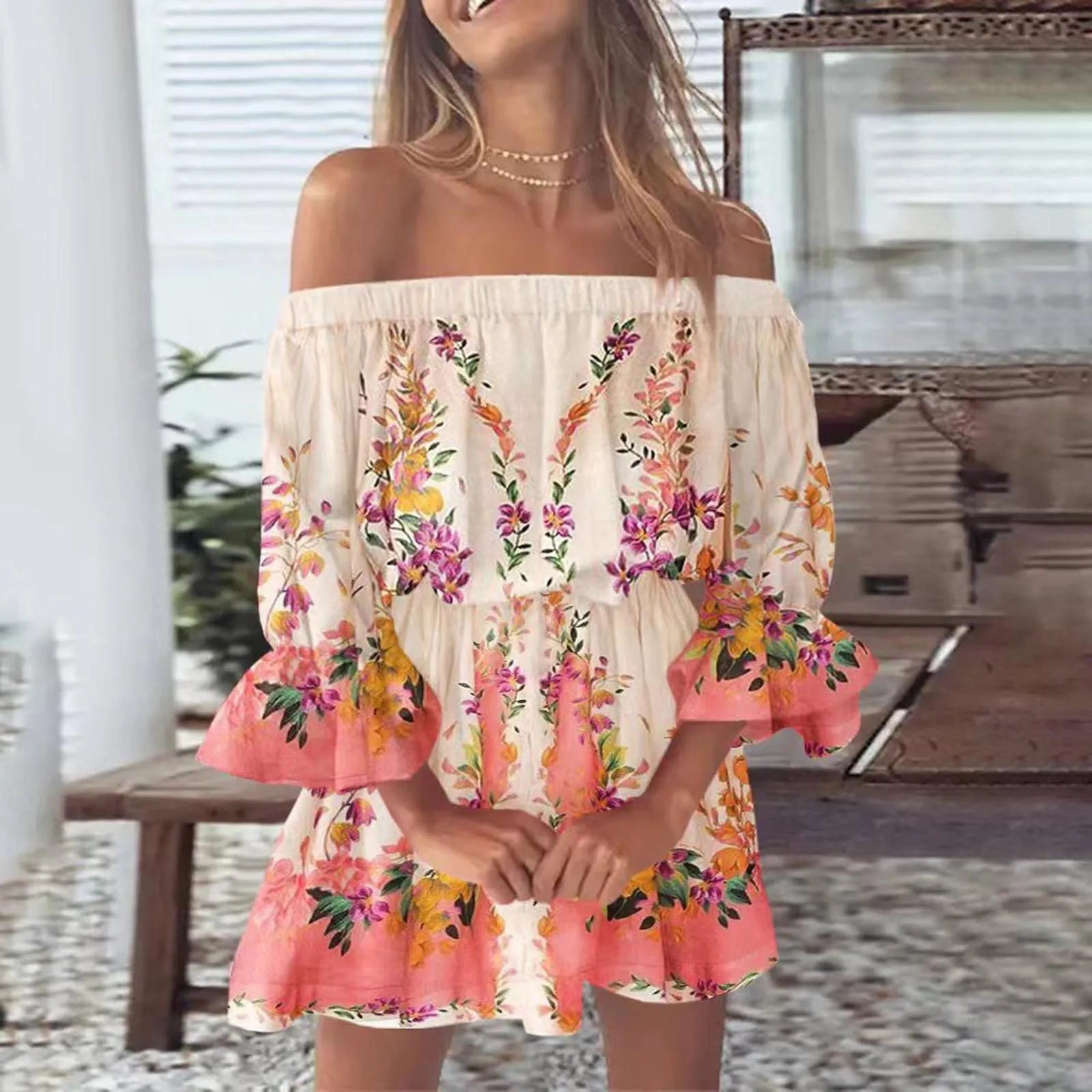 2024 Summer Dresses For Women Sexy Off Shoulder Mini Sundresses Beach Casual Loose Fit Bell Sleeve Mini Floral Dress Women's