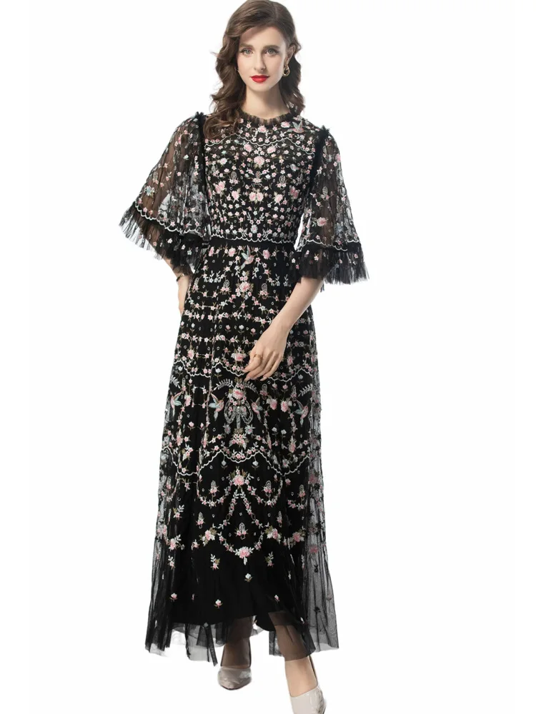 4xl 3xl 2xl Long Evening Dress 2024 Summer Women Allover Luxurious Embroidery Flare Sleeve Long Black Grey Apricot Maxi Dress