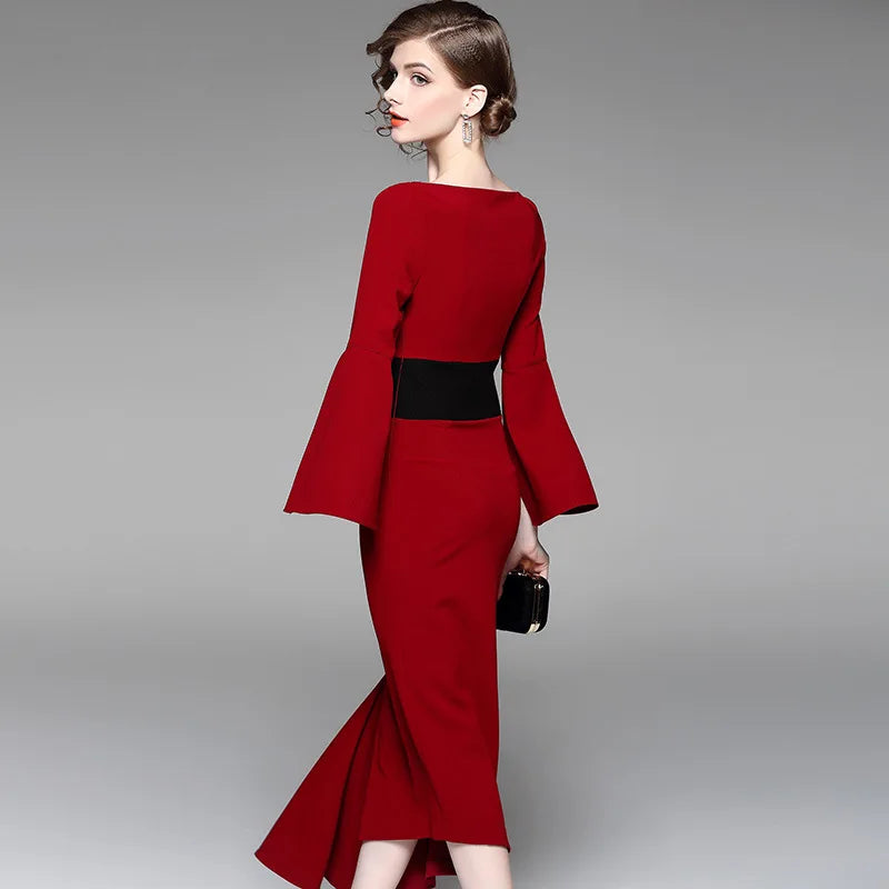 New irregular waist-tightening dresses red medium-length dress for solid slash neck flare sleevebanquet in 2023