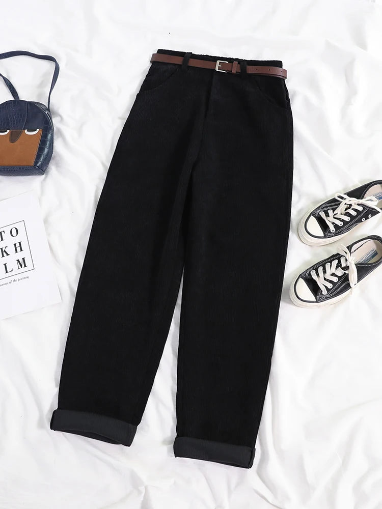 Women Spring Corduroy Pants High Waist Autumn Vintage Korean Casual Wide Leg Pants Elegant Belt Loose Cotton Streetwear