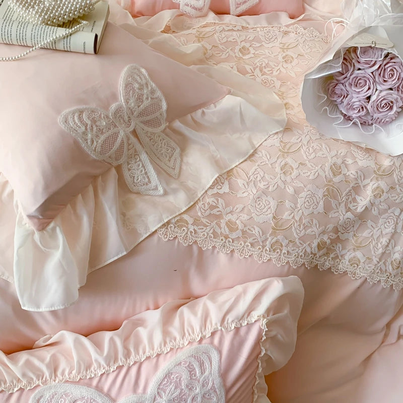 Princess Bedding Set Coquette Lace Bow  Beauty Solid Color Lace Ruffle Comforter Sets Luxury Girls Wedding  Duvet Cover