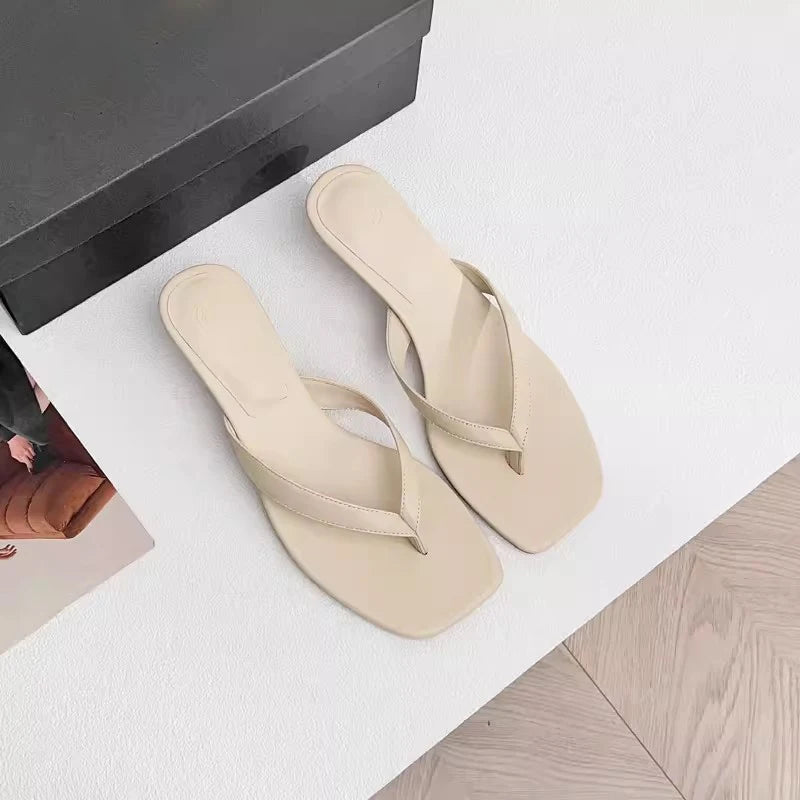 2024 Spring Summer Fashion New Women Genuine Leather Mid Heel Flip-flops Slippers Versatile Simple Shoes Female Chic