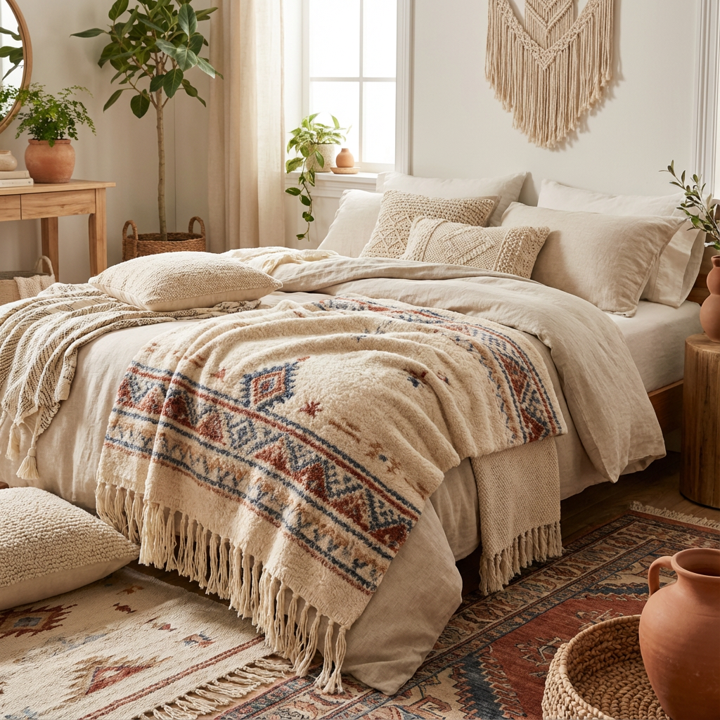 Boho Woven Fringe Throw Blanket