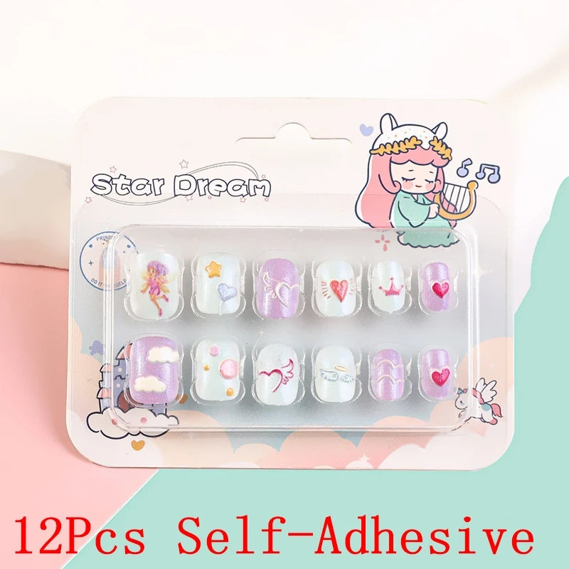 12pcs/Box Children Acrylic Fake Nails Safe Non-Toxic Adhesive Fake Nail DIY Artificial Fingernails for Girls Children's Day Gift