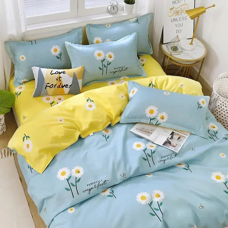 New Fashion Print Queen Size Bedding Set King Size Daisy Printed  Duvet Cover Set with Flat Sheets Cozy Durable Bedding Sets