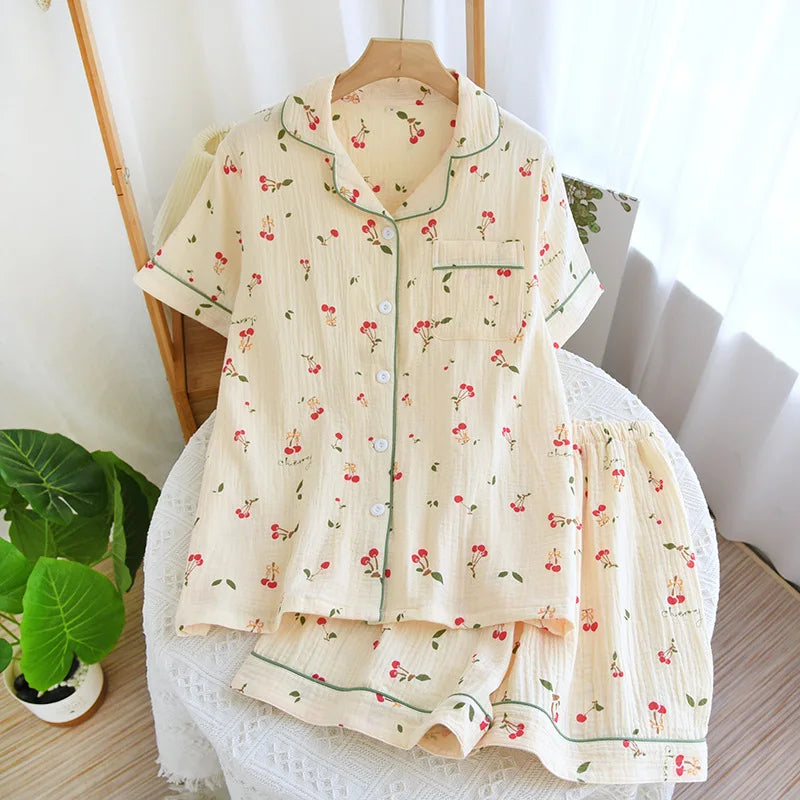 2024 New Summer Autumn Women Pajamas 100% Cotton Gauze Cherry Print Sleepwear Female 2 Piece Set Nightwear Pyjamas Loungewear