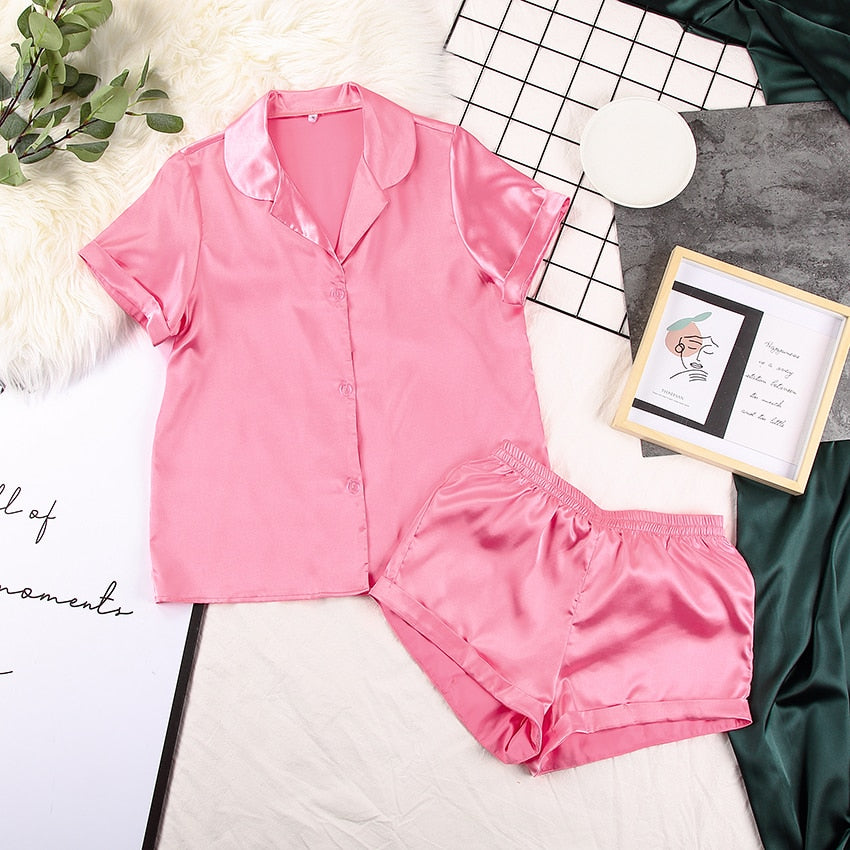 Solid Satin Sleepwear Silk Pajamas Set Top And Shorts Two Piece Set Pyjamas Women Pajama Short Sleeve Home Suit Casual