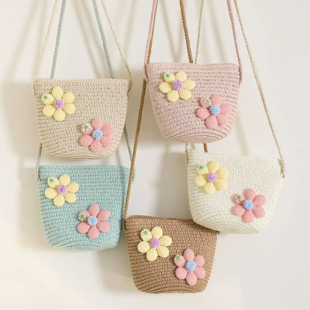 Girl Zipper Flower Straw Bag Cute Photo Props Handmade Woven Kid Messenger Bags Storage Basket Coin Purse Crossbody Handbag