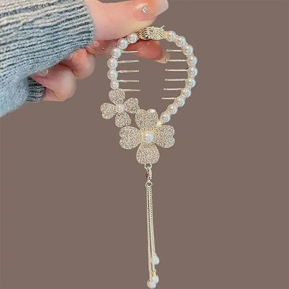 Elegant Retro Meatball Hair Clasp Clip Floristic Pearl Chain Tassels Hair Claw Ponytail Hairpins Women