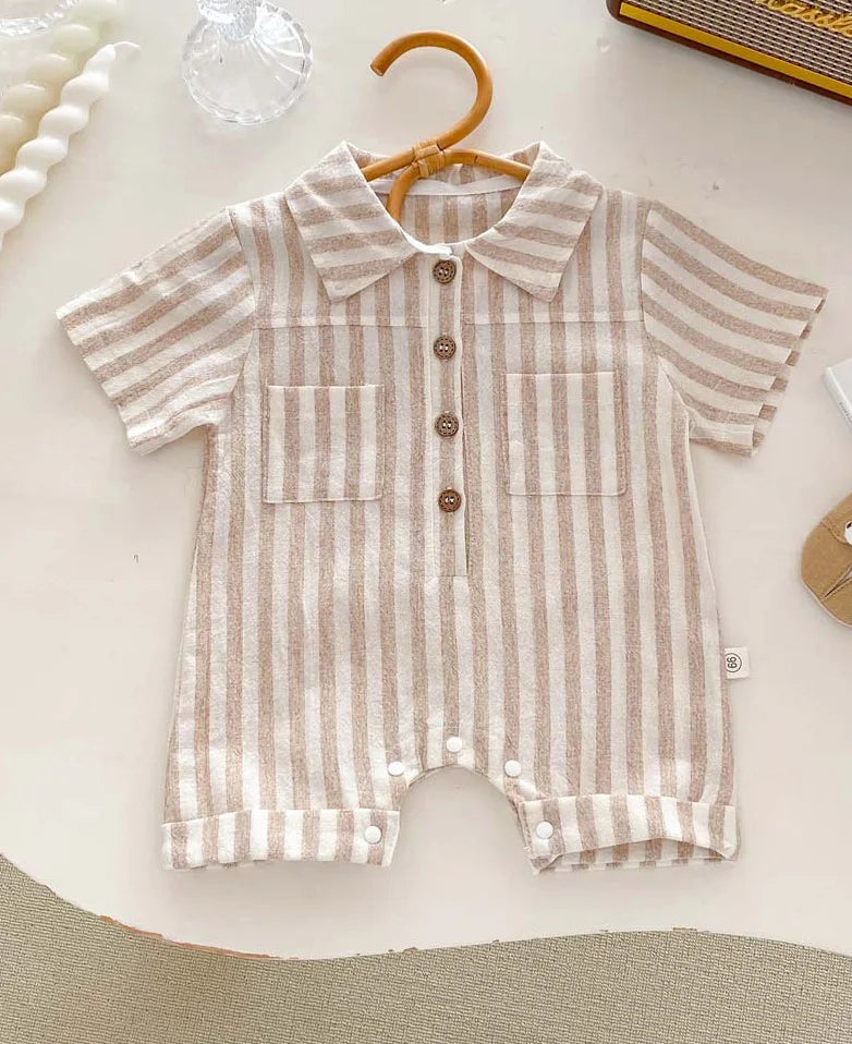 2024 Summer Infant Striped Baby Boys Rompers Short Sleeve Muslim Babe Boys Polo Bodysuit Thin Loose Newborn Boys Outfits