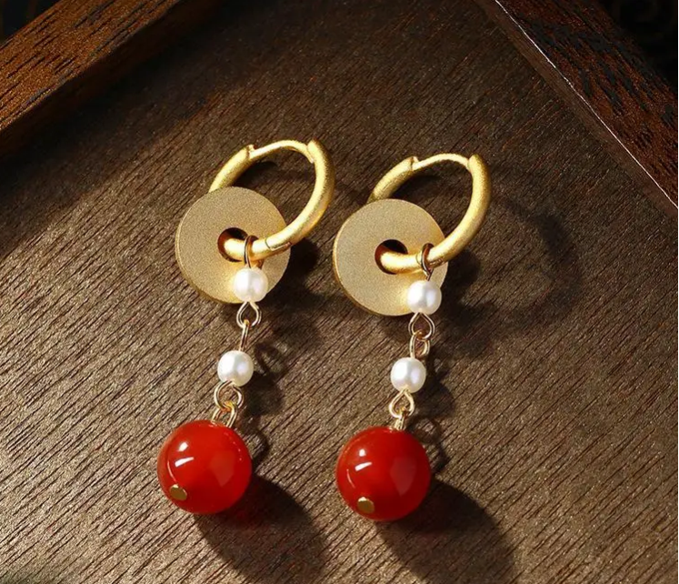 Red Real Jade Bead Earrings Women Natural Jewelry 18K Gold Plated Accessories Fashion Gemstone Gifts Designer Flower Carved