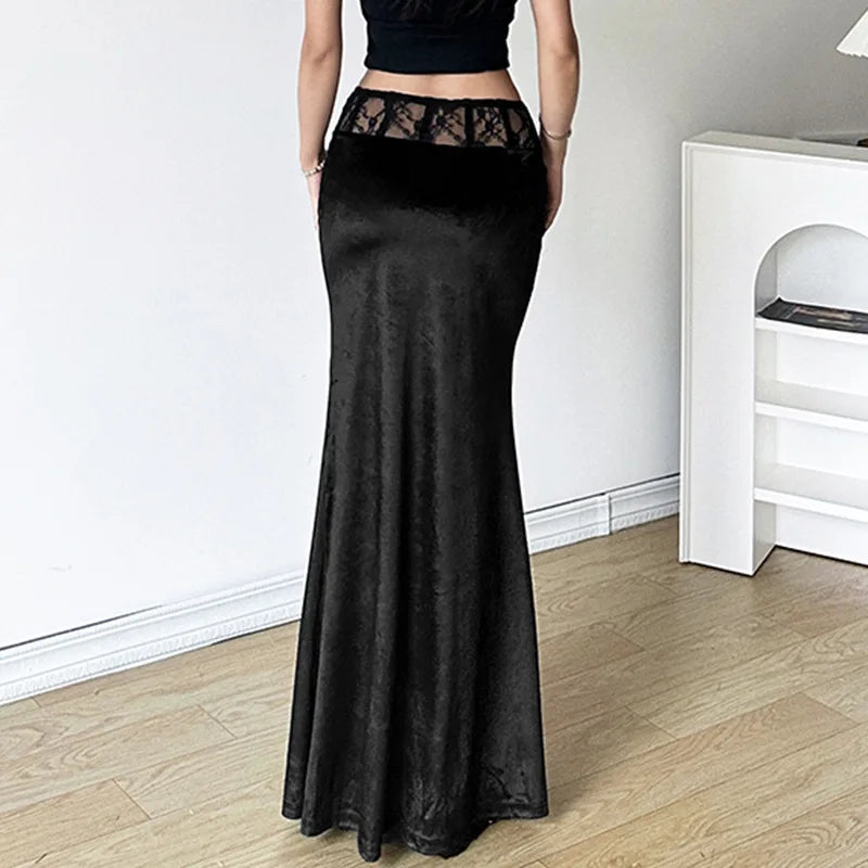 Goth Dark Elegant Mall Gothic Velvet Trumpet Skirts Y2k Partywear Lace Patchwork Sexy Long Skirt Ladies Evening Black Slim Cloth