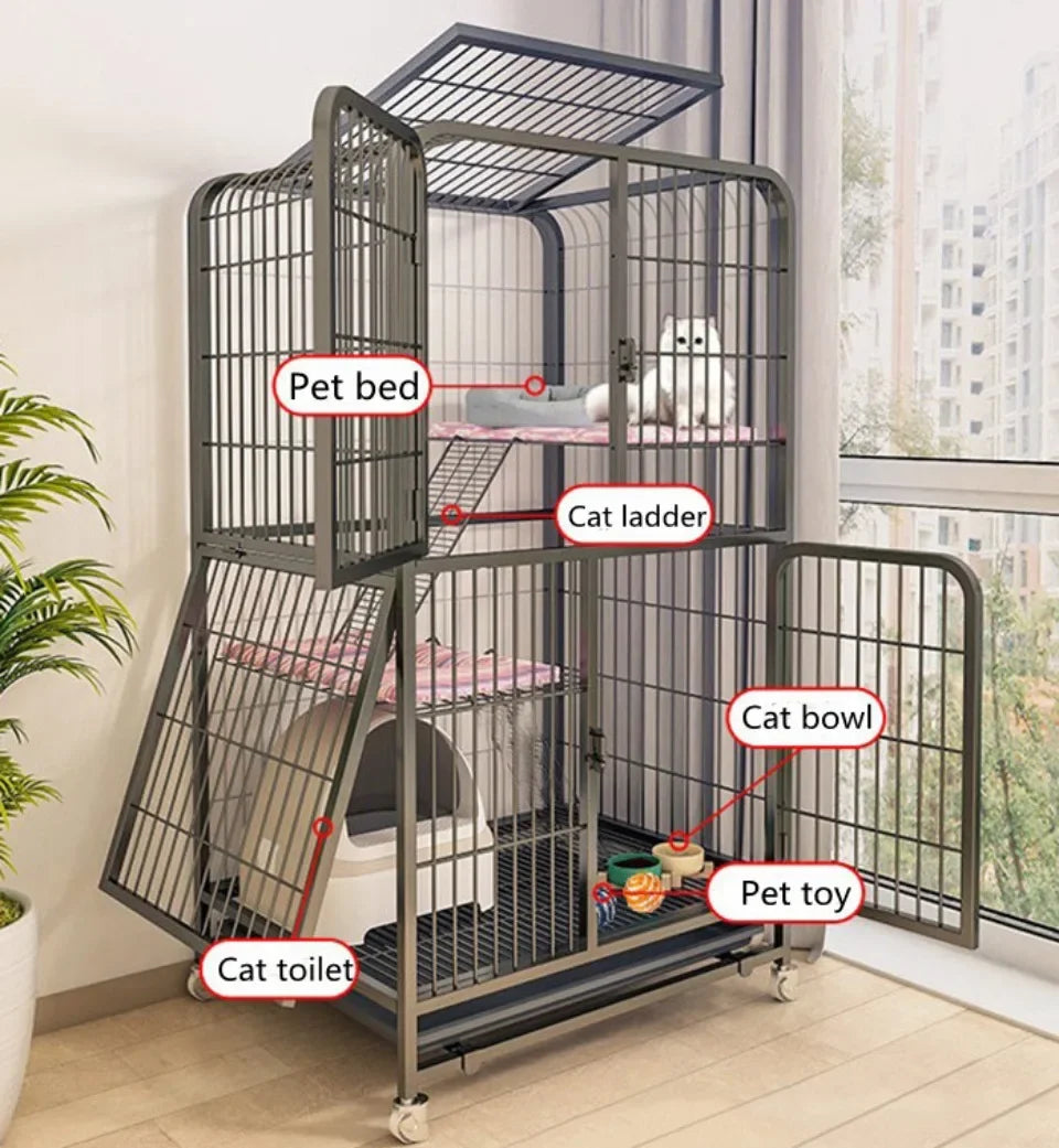 Stainless Steel Pet Villa Modern Iron Mesh Cat Cage Indoor Double Layer Dog House Large Space Free Space Pulley Cat Cages Indoor