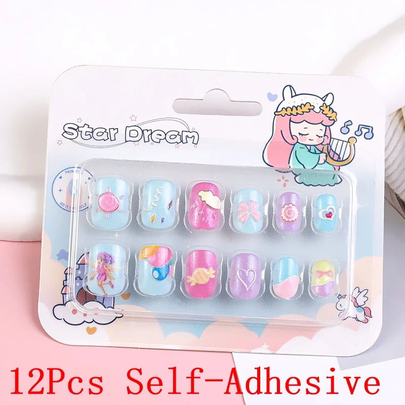 12pcs/Box Children Acrylic Fake Nails Safe Non-Toxic Adhesive Fake Nail DIY Artificial Fingernails for Girls Children's Day Gift