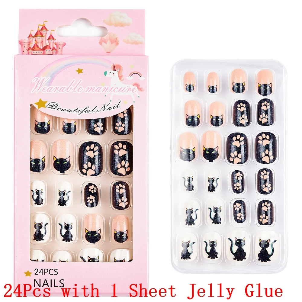 12pcs/Box Children Acrylic Fake Nails Safe Non-Toxic Adhesive Fake Nail DIY Artificial Fingernails for Girls Children's Day Gift