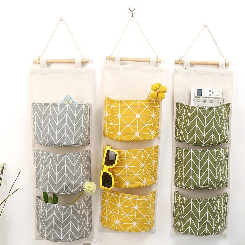 1pc Three Tier Cotton Linen Blend Hanging Bag,Creative Geo Pattern Multi-layer Moistureproof Sundries Hanging Pocket Behind Door