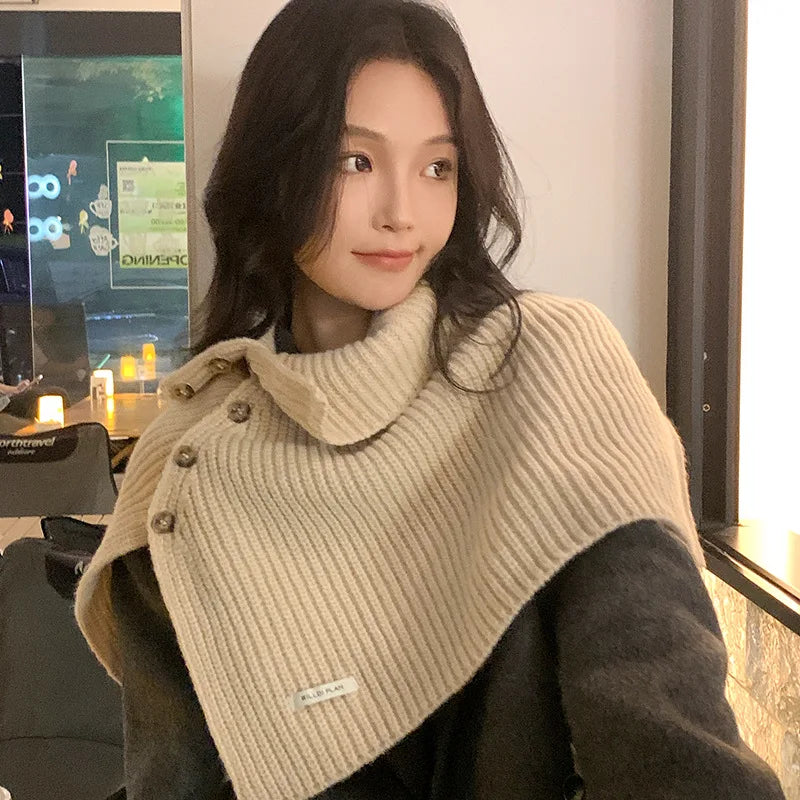 Poncho Cloak Button Split High Necked Shawl Women's Autumn Winter Korean Version Versatile Pullover Knitted Cape Gray