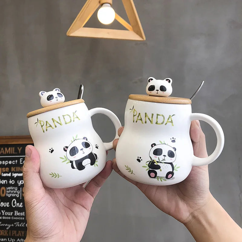 Cute cartoon panda Ceramics Mug 400ml With Lid and Spoon Coffee mugs Milk Tea Mugs Breakfast Cup Drinkware Novelty Gifts