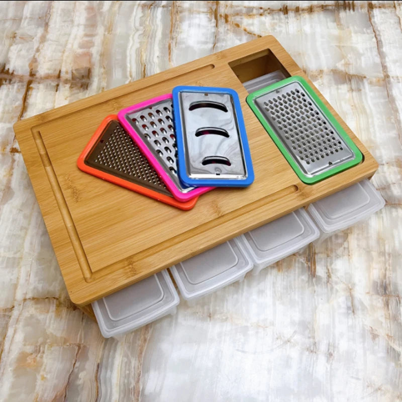 large organic kitchen chopping natural bamboo cutting board with 4 draw tray and 4 vegetable grater