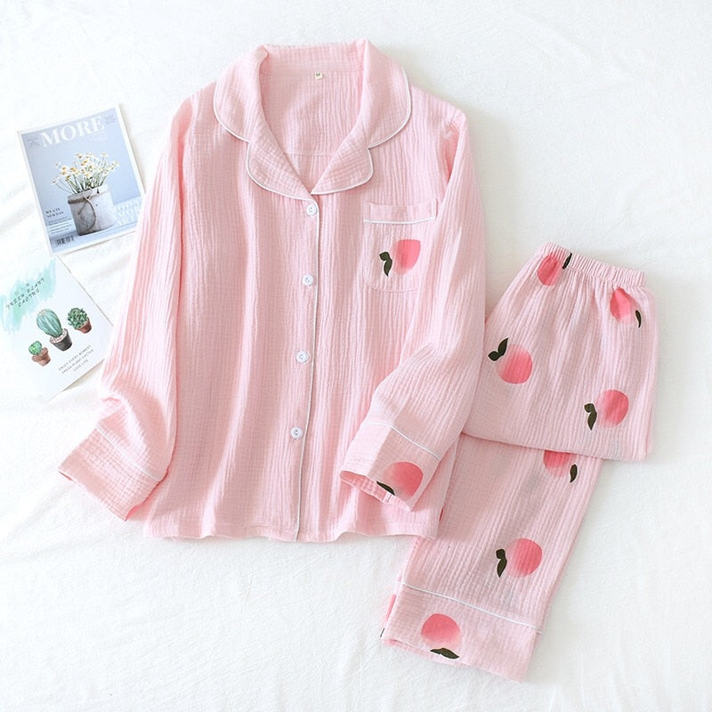 Spring New Ladies Pajamas Set Heart Printed Crepe Cotton Double-layer Gauze Turn-down Collar Long-sleeve Trousers Household Wear