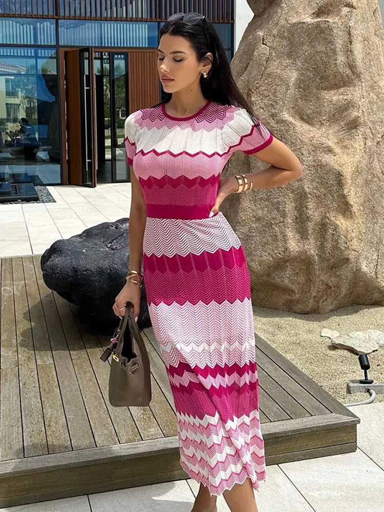 Women Contrast Knitted Slim Maxi Dress Fashion Round Neck Short Sleeve Dresses 2024 Autumn Elegant Lady Vacation Street Vestido