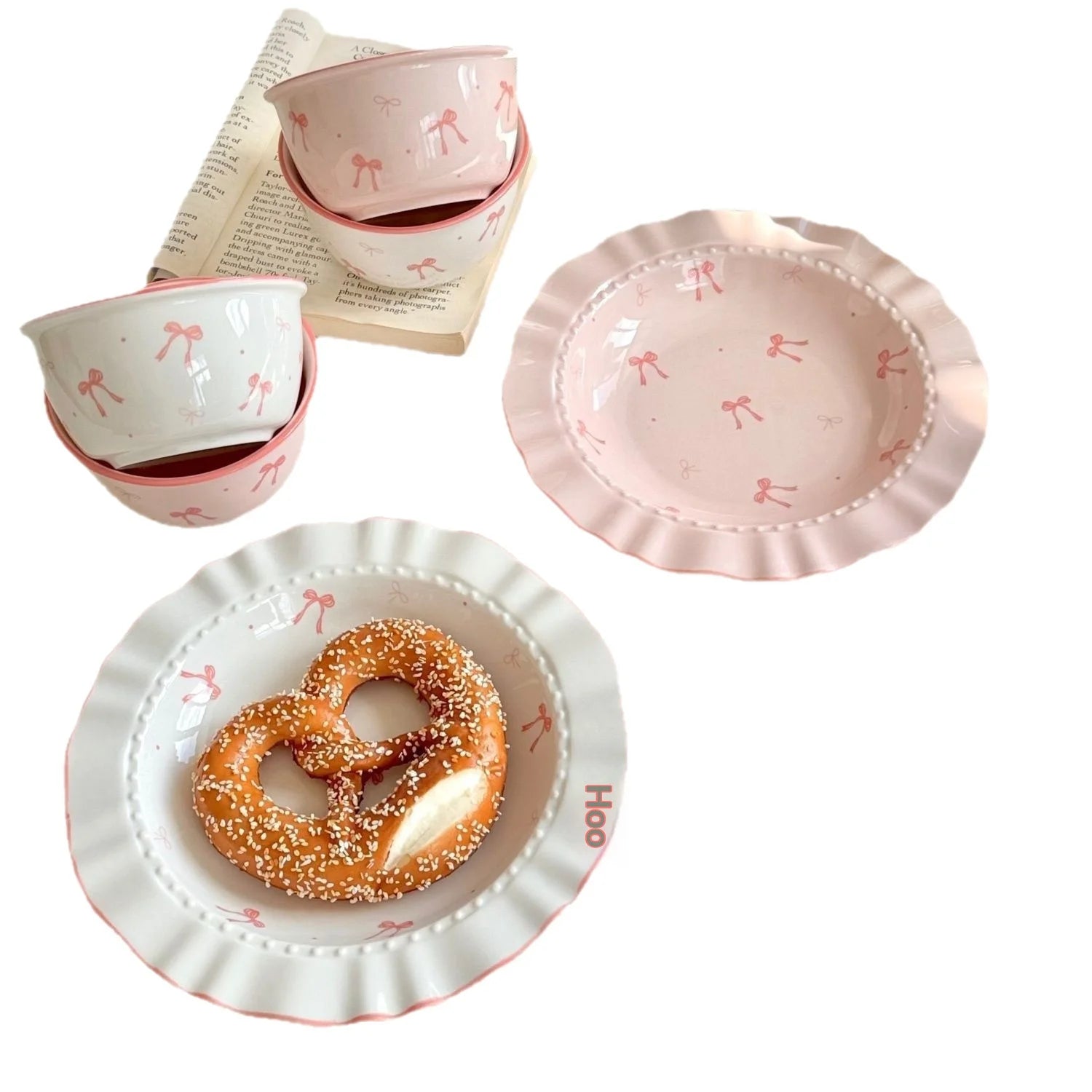 Aesthetic Bow Design Ceramic Tableware Set - Ruffled Edge Bowls & Plates with Underglaze Color Dessert Set Cute Dinnerware