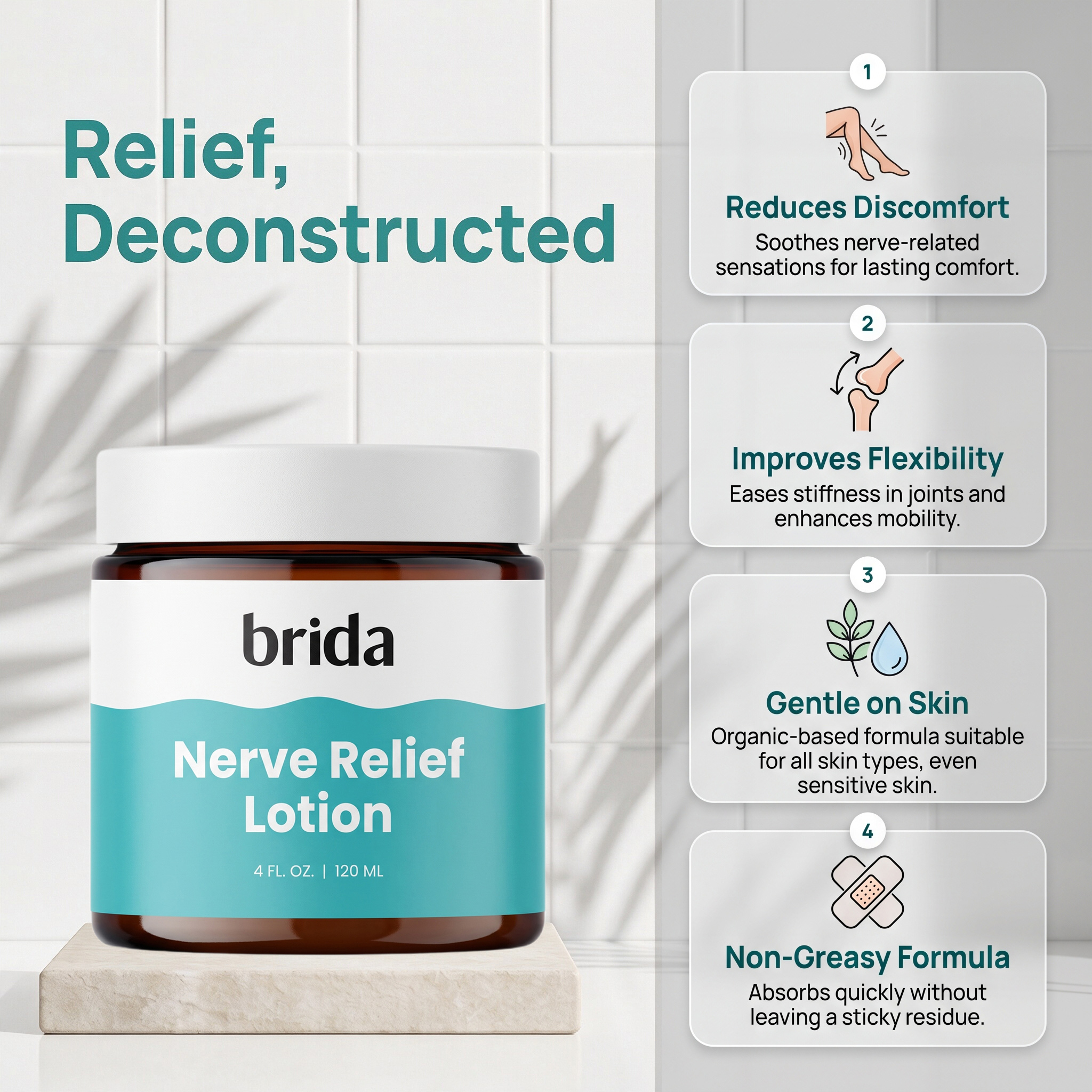 Brida Nerve Relief Lotion, Professional Magnesium Cream 120ml, Brida Neuropathy Cream, with Arnica Montana, Magnesium, Natural Plant Ingredients, for All Skin Types
