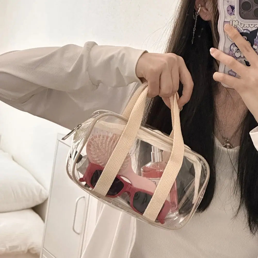 Portable PVC Transparent Handbag Large Capacity Waterproof Jelly Bag Zipper Travel Tote Bag