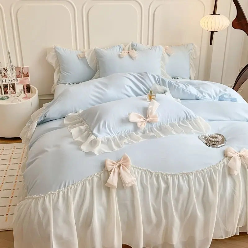 French Princess Style Bedding Sets Ruffle Lace Bow Quilt Cover Romantic Bedclothes Decor Woman Girls Bedroom Duvet Cover 4pcs