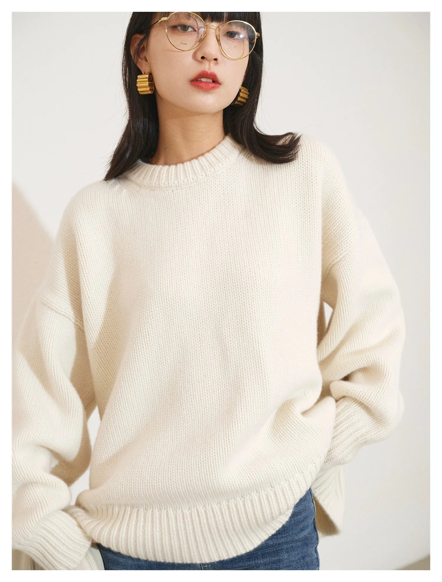 2023 European round neck 100% cashmere sweater women's thick lazy wind silhouette sweater women's loose knit base shirt