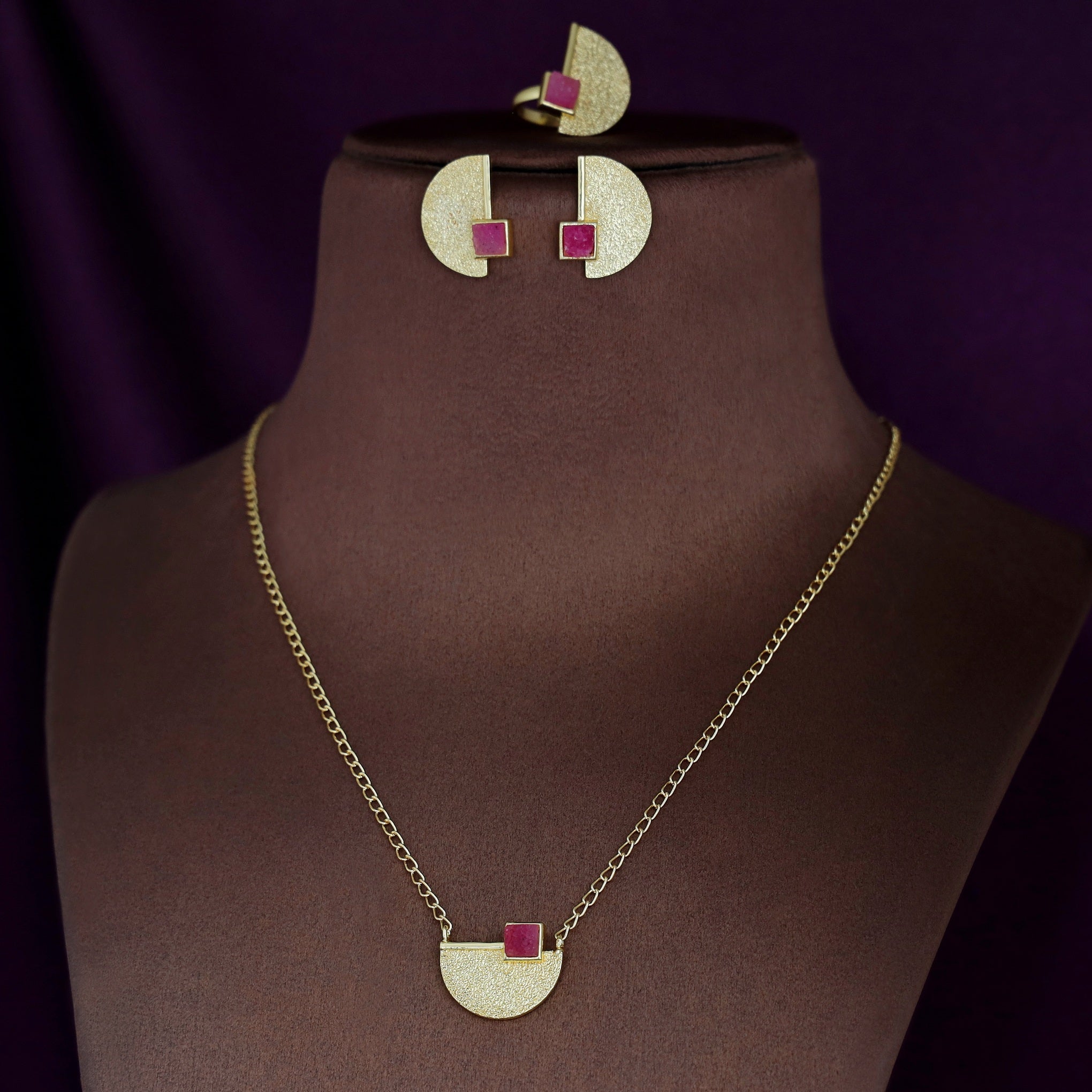 Golden Textured Semi Circle And Square Druzy Stone Combo