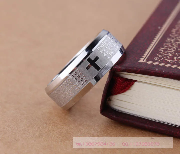 Bible Stainless Steel Ring Father Prayer Padre Nuestro Cross Rings 8mm Men Jewelry