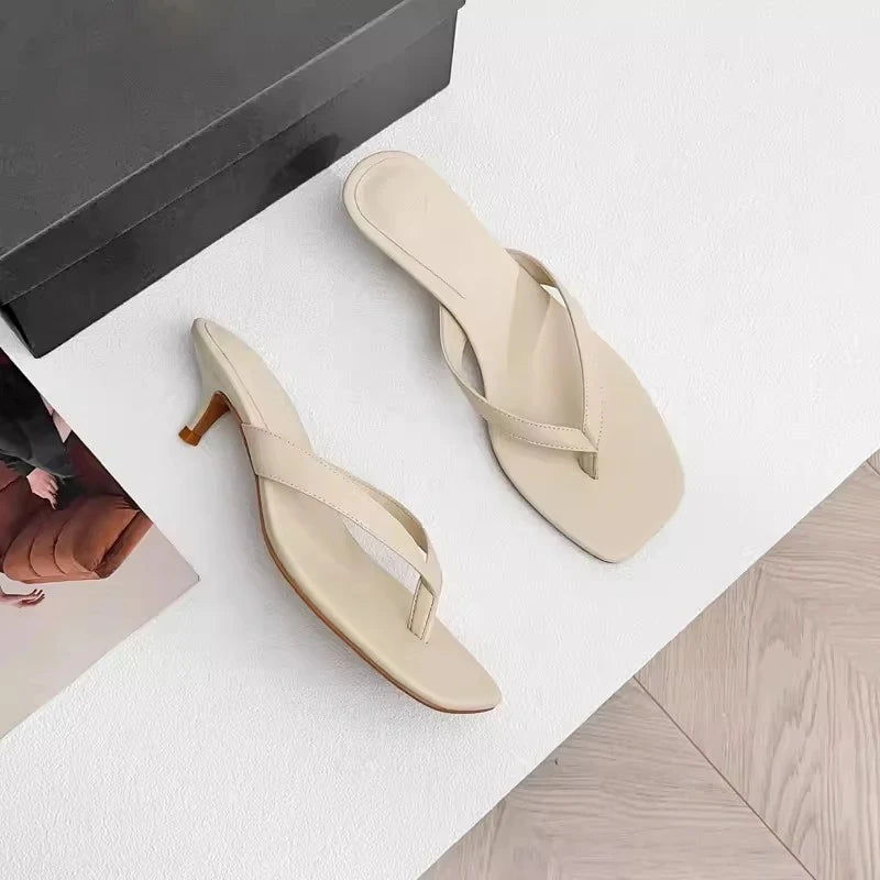 Spring Summer Fashion New Women Genuine Leather Mid Heel Flip-flops Slippers Versatile Simple Shoes Female Chic