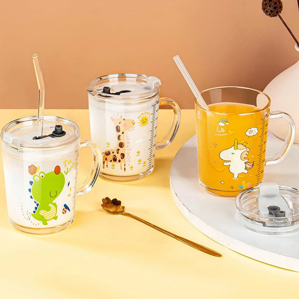 350ml Cute Children Milk Glass Cup With Straw And Lids Cartoon Transparent Breakfast Cup With Scale For Kids Student Water Cup