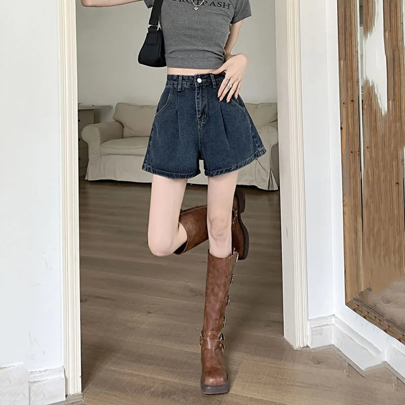 Lucyever Wide Leg Jeans Shorts Women Summer High Waist Loose Vintage Blue Denim Shorts Woman Korean Wild A-Line Short Pants