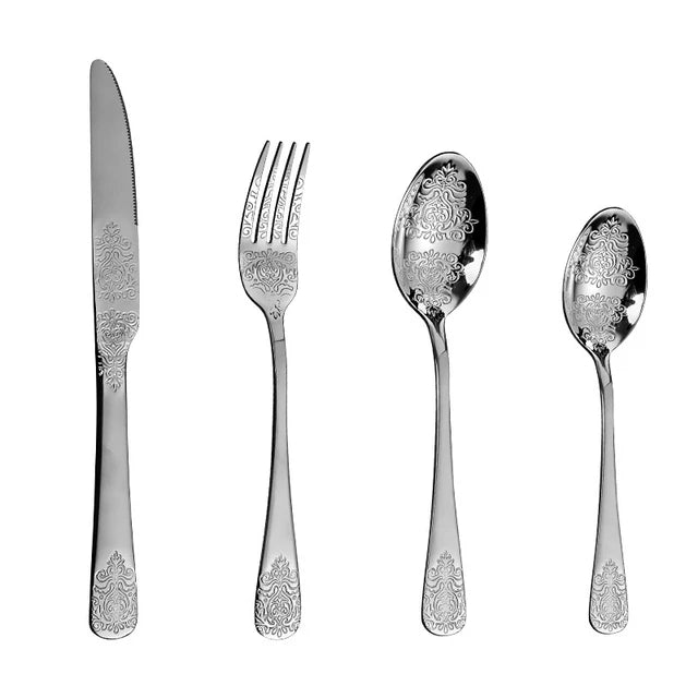 &Gold Luxury Cutlery Sets Fork Spoons Knife Silverware Kit Vintage Carved Tableware Set European Dinnerware For Home Kitchen