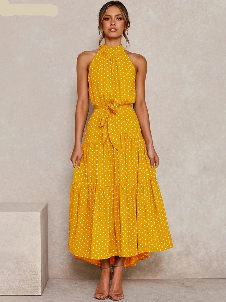 Summer Long Dress Polka Dot Casual Dresses Black Sexy Halter Strapless New 2025 Yellow Sundress Vacation Clothes For Women