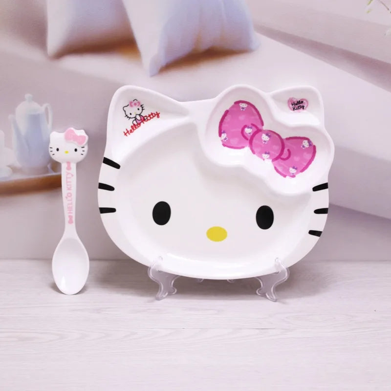 Sanrio Kawaii Hello Kitty Cat Face Plate Child Cutlery Set Bowl Chopsticks Spoon Fall Resistance Have A Meal 2-14 Years Old Cute