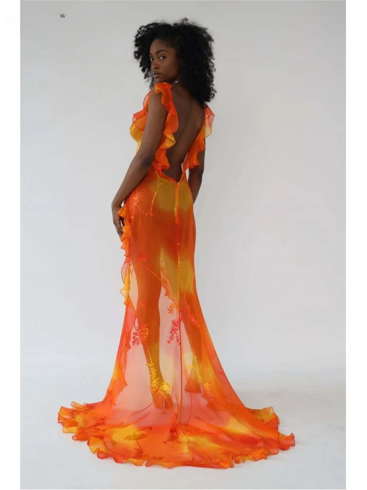 Orange Tie Dyed Printed Trailing Dress Low Cut Backless Ruffle High Split Long Dresses Summer Chic Female Party Evening Robe