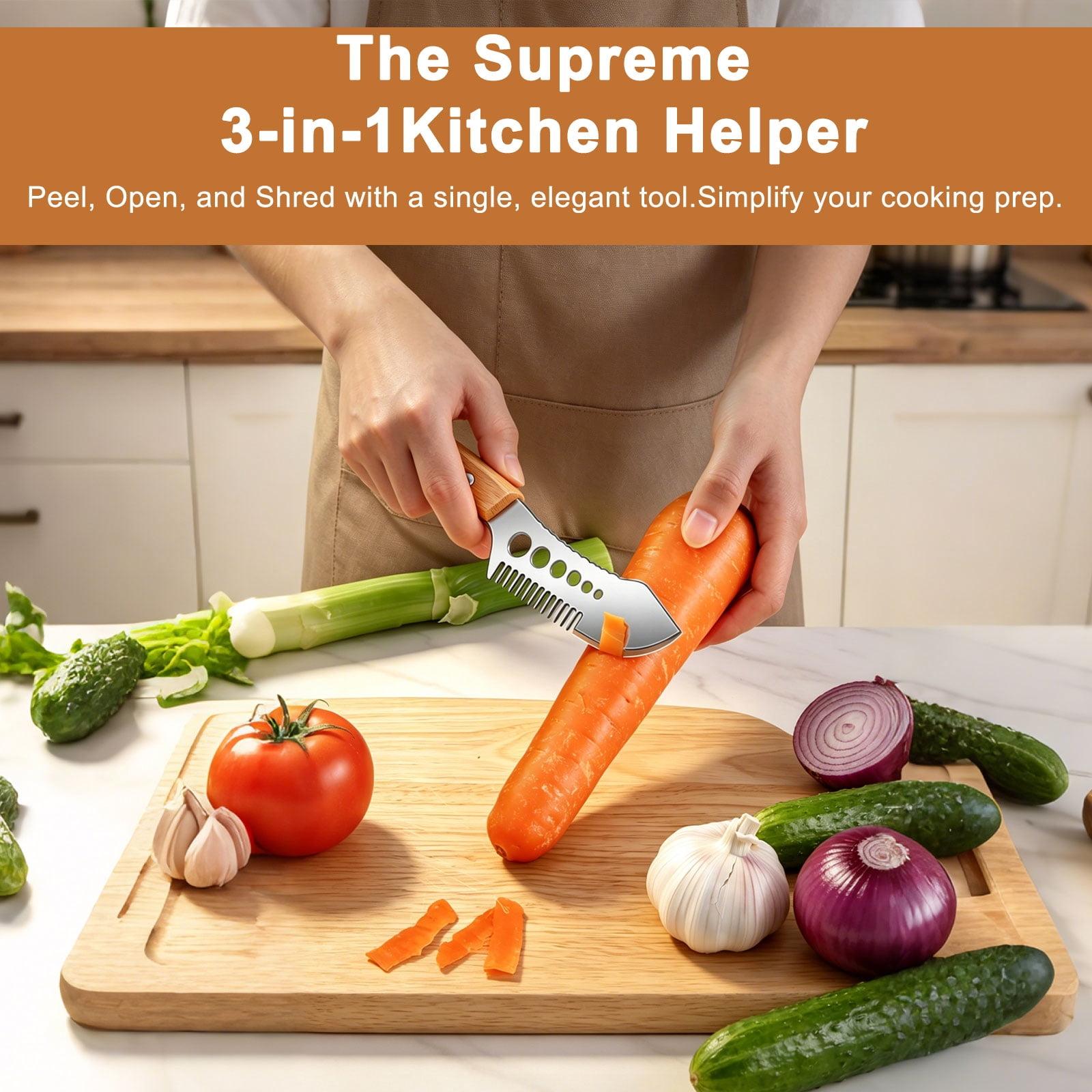Multi-Functional Vegetable Peeler, Stainless Steel Blade with Wooden Handle, Fish Scaler, 3-in-1 Fruit Peeler with Bottle Opener & Grater