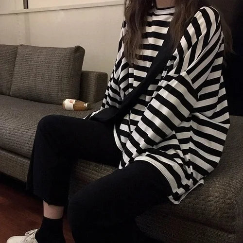 spring Autumn Women harajuku Striped Tshirt Long Sleeve O-Neck T-Shirts Korean Casual oversized T Shirt Femme black Tops