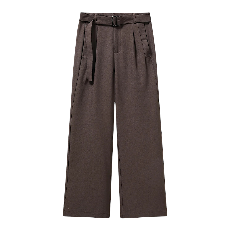 Pleated straight leg trousers with self belt