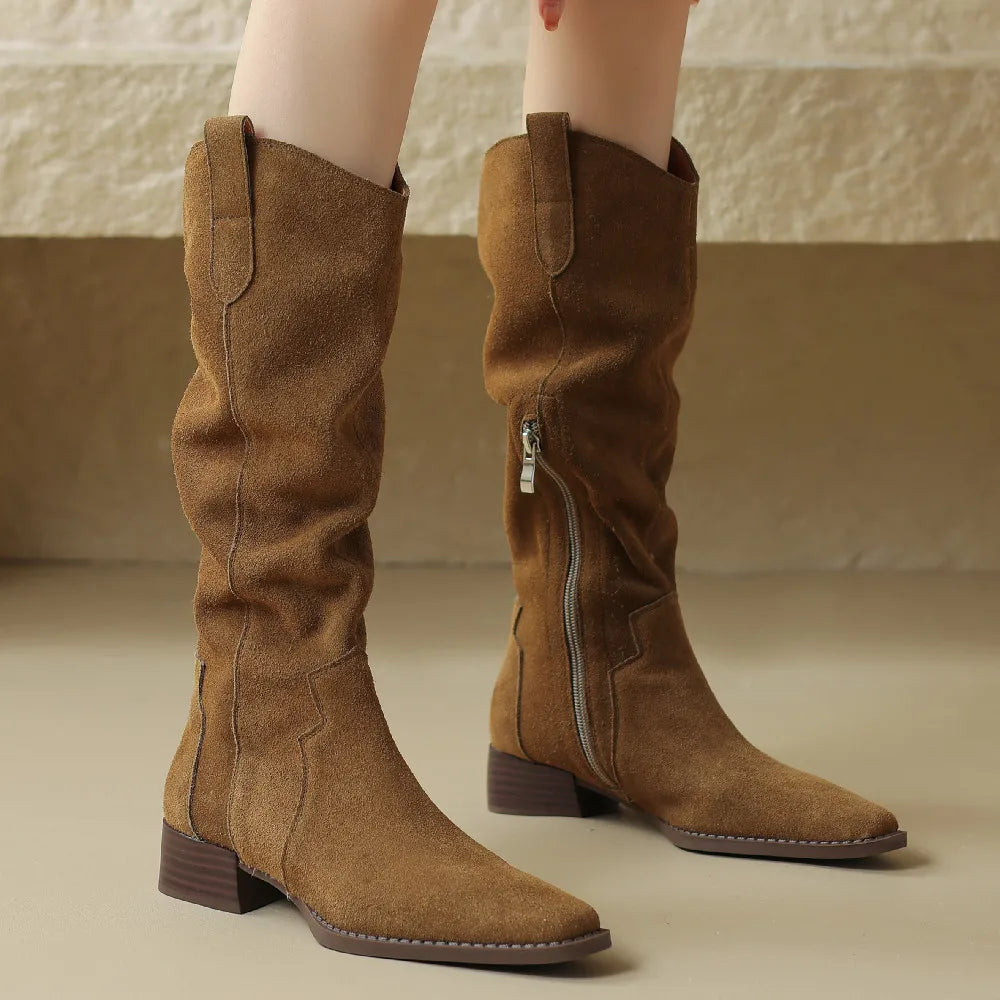 women's natural suede leather square toe side zip autumn knee high western boots casual female long boots shoes women