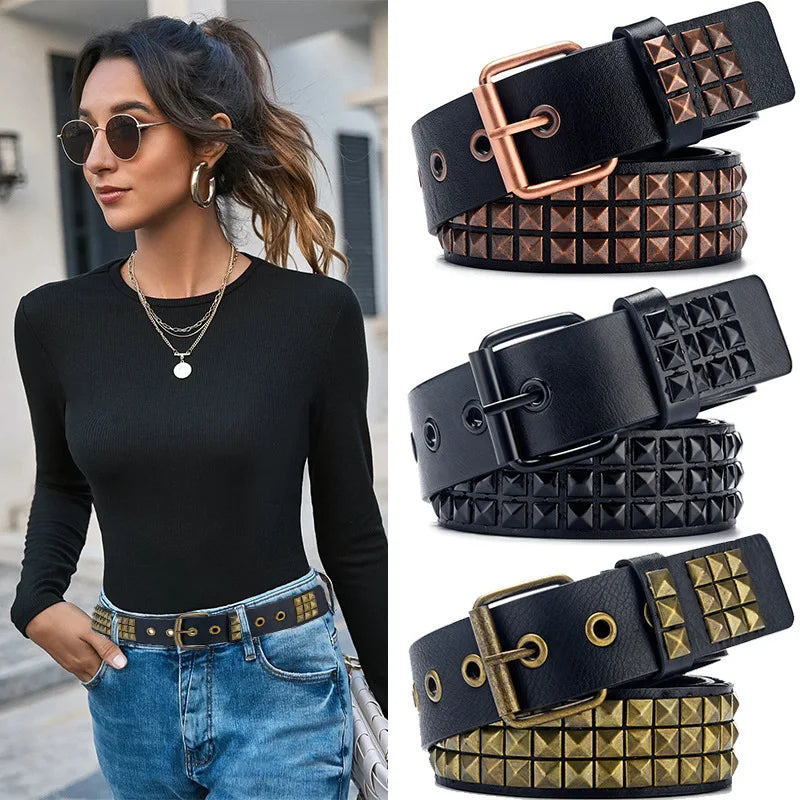 2023 Mens and Womens Leather Belts Vintage Punk Pyramid Rivet Belts Ladies Luxury Street Designs Black Belts Jeans For Women