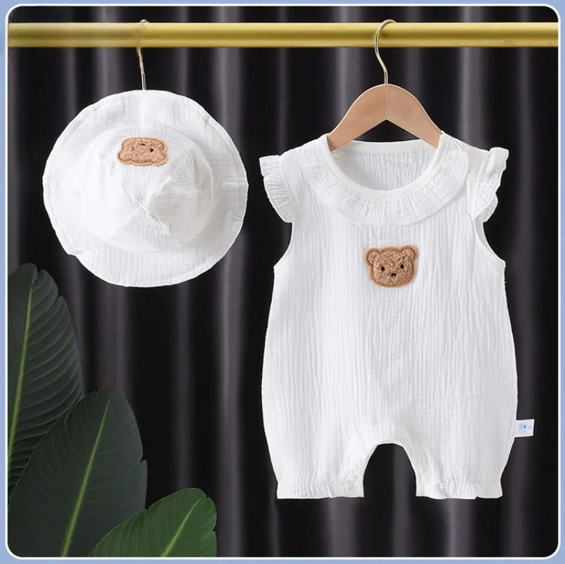 2pc Baby Thin Cotton Short Sleeve Romper+Hat Infant Boy Girl Cute Cartoon Bear Print Clothes Newborn Casual Jumpsuit 2024 Summer